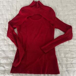 WHBM Cut-out Red Ribbed Long Sleeve Sweater